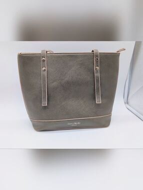 Darcy Marks London Olive Tote Bag with Tan Trim 11x10x5.5 In